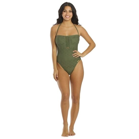 VINCE CAMUTO Crochet Bandeau One-Piece Swimsuit safari green New 8 - Picture 1 of 16